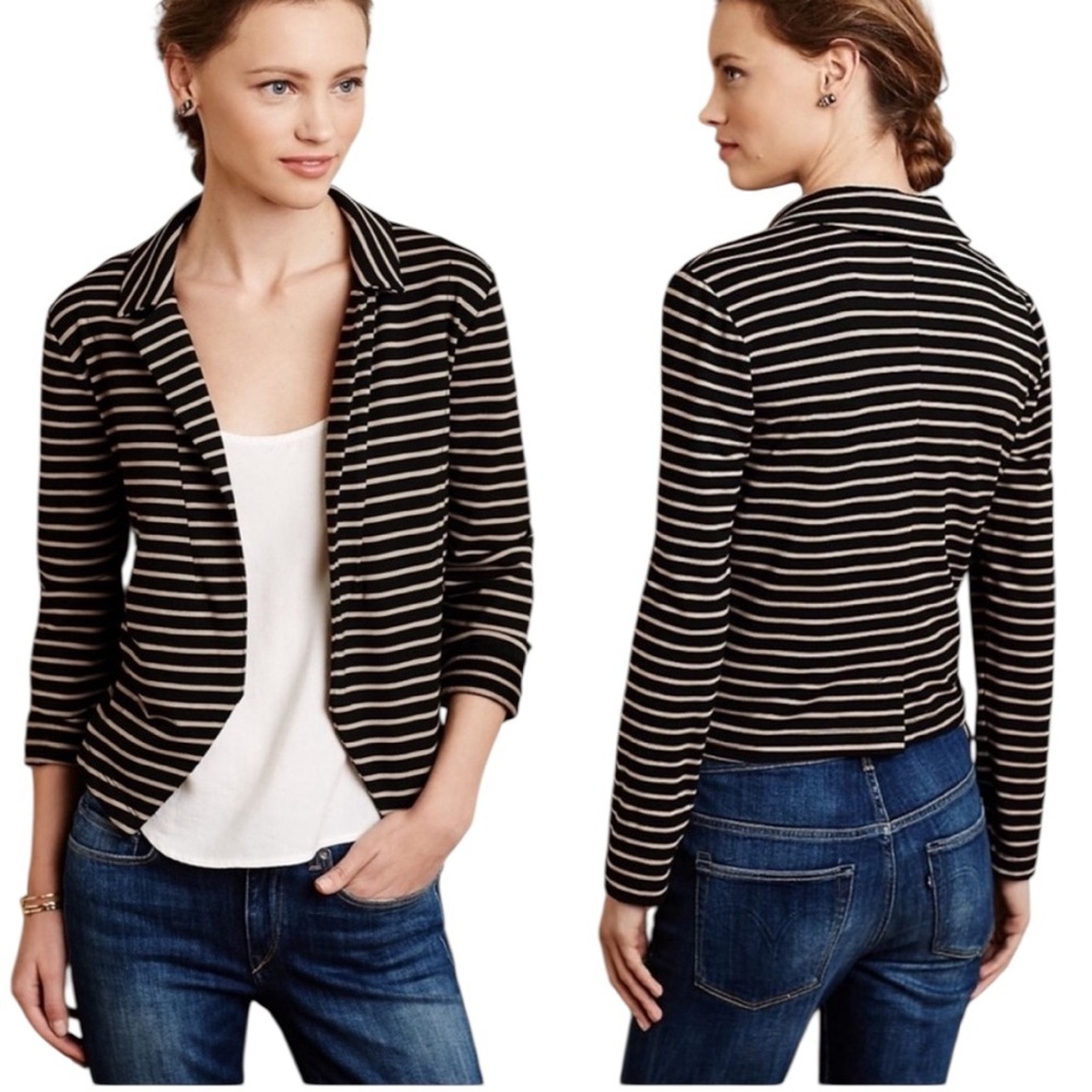 Anthropologie Dolan Black & Tan Striped Printed Shadow Band Knit Crop Blazer - S